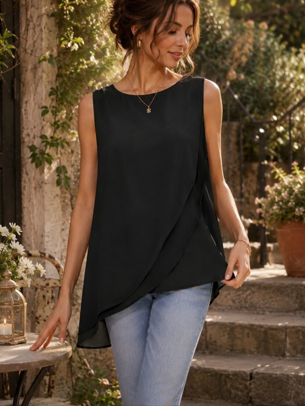 White House Black Market Black Asymmetrical Layered Sleeveless Blouse Top L